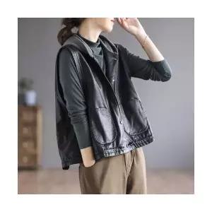 여성조끼 추동 PU가죽 빈티지 가디건 조끼 나시 앤티크웨어 후드 빅사이즈 MF4