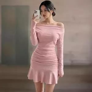 [신상오픈런]|CCO5908|여성 봄 가을 오프숄더 긴팔 셔링 프릴 미니 드레스