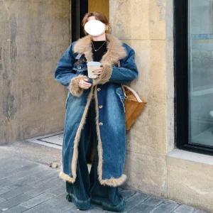 여자 겨울 데님 코튼 털 코트 안감 롱 청 융기모 퍼 자켓