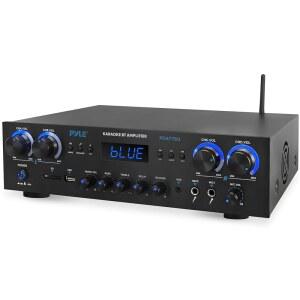 Pyle Bluetooth 홈 스테레오 앰프 수신기 - 4채널, 800와트 노래방 사운드 시스템(MP3, USB, SD, AUX, RCA, FM, MIC, 헤드폰, 리버브 + 지연, LED 볼륨, 홈, 스튜디오, 극장 스피커용 - PDA77BU)
