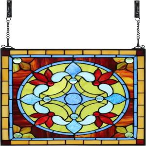 욘루키 17인치 정사각형 스테인드글라스 창문 걸이 100 리얼 패널 블루 플라워 홈 데코 YLK006