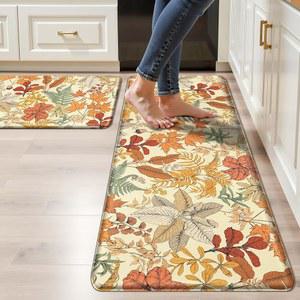 오렌지 식물성 주방 러그 2종 세트 가을 단풍나무 피로 방지 매트 천연 컴포트 스탠딩 방수 PVC 2개/5인치 두꺼운 가죽 카펫 세탁 사무실 싱크대 17 3 x28