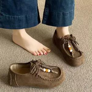 아트박스/신상오픈런 여성 스웨이드 리본 장식 보헤미안 플랫 슈즈