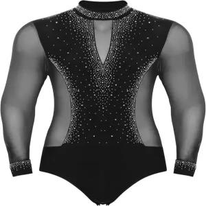 니호차 남성 발레 라틴 댄스 레오타드 긴 슬리브 바디수트 반짝이는 라인스톤 볼룸 셔츠