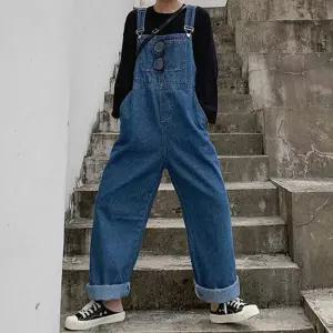 데님 멜빵팬츠 와이드 통바지핏 데이트룩 진청 멜빵 여행코디버클 롤업 패션 여성