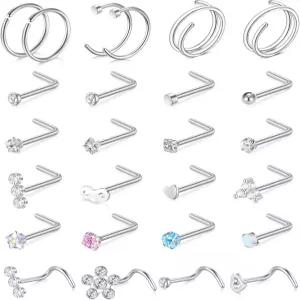 롱기타 20g 코 링 후프 L자형 스터드 스테인리스 스틸 스크루 본 플랫 탑 다이아몬드 오팔 하트 하이