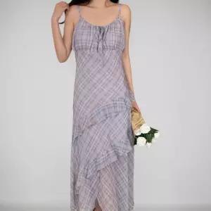 여성 여름 체크 롱원피스 시스루 백리스 러플 디자인