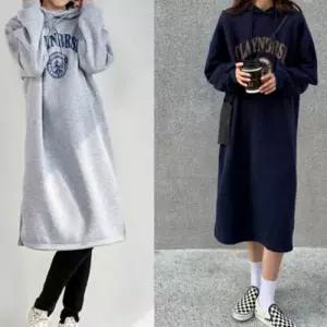 여성 캐주얼 기모 후드끈 오버핏 긴팔 원피스