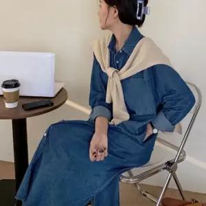 데일리 심플 캐주얼 포켓 포인트 롱 셔츠 원피스