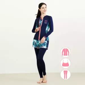 [아웃도어스/베이직 엘르]베이직엘르 여성인 패턴 집업 래쉬가드 워터레깅스 세트 BEL-W208N