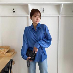 [옷자락]여자 언발 오피스룩 드레이퍼리 긴팔 청남방 셔츠