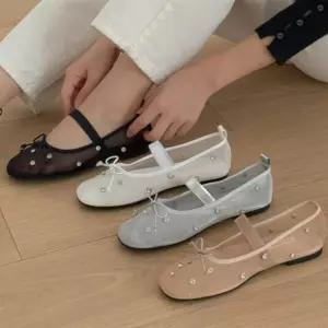 여성 시스루 망사 큐빅 리본 장식 메리제인 플랫슈즈