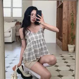 여자 나시 체크 플레어 뷔스티에 블라우스