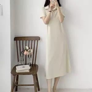 여자 단아한 버튼 카라넥 무지 반팔 양트임 롱원피스
