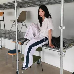 여자 나일론 옆줄 트랙 바람막이 밴딩 팬츠