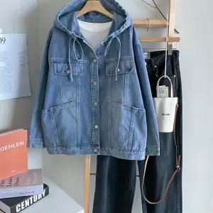 여성 빈티지 워싱 포켓 후드 스트링 청 데님 자켓