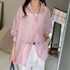 여성 레이온 나일론 줄지 시스루 오버핏 남방