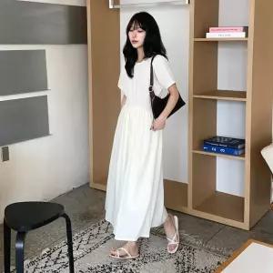 여성용 린넨 허리 핀턱 반팔 롱 원피스