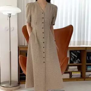 [하프클럽/]체크 브이넥 셔츠 반팔 퍼프 원피스