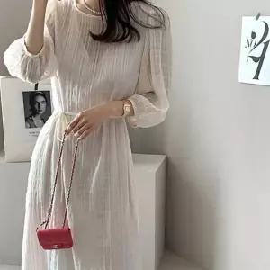 여자 무지 시스루 패턴 7부소매 허리끈 롱 원피스