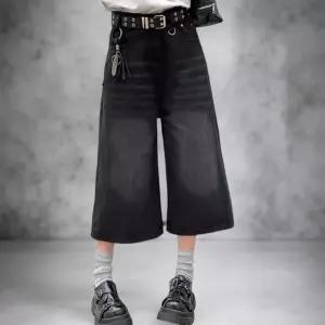 여성 힙무드 워싱 와이드핏 7부 하이웨스트 청바지