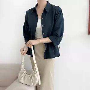 여성용 코튼 레이온 9부 허리끈 셔츠 블라우스