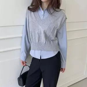 여성 무지 니트 베스트와 셔츠 세트