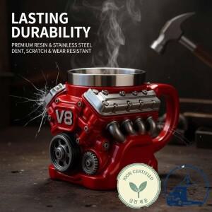 레트로 엔진 커피 머그컵 손잡이 포함 이중벽 V8 스테인리스 스틸 사실적인 디자인 300ML 단열 자동차