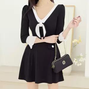 채핏 사크 배색리본훌 원피스 섹시 글램 미니 ops 긴팔 v넥 리본 플레어 레이스 하객룩 데이트룩