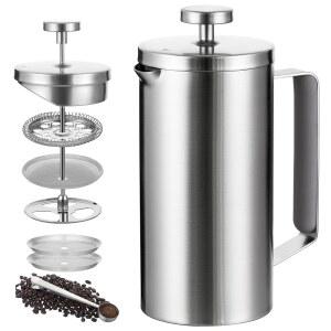 Meelio 소형 프렌치 프레스 커피 메이커 600ml, 이중벽 단열 프렌치 프레스 커피 프레스 스테인리스 스틸, 여행 캠핑용, 추가 플리터 2개와 커피 스푼 1개 포함 (2-4컵, 591.5ml(20온스) 실버