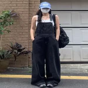 빅사이즈 여성 오버롤 멜빵바지 점프수트 블랙 와이드