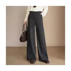 여성 편안한 슬랙스 도톰한 모직 와이드 바지 스트링 밴딩 캐주얼 겨울 슬림핏 하이웨스트 통 스포M4