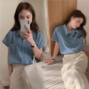 루즈핏 심플한 데님 카라 셔츠 블라우스 캐주얼 여성 여름 반팔 남방 청셔츠 청남방