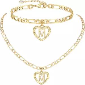 여성 야노다 골드 이니셜 펜던트 목걸이 팔찌 14K 도금 피가로 체인 레터 하트 발찌 알파벳 발 장신구 개인