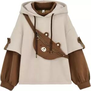 여아용 RGOSME 곰 후드티 귀여운 갈색 그래픽 긴팔 스웨트셔츠 가방 포함 10대 소녀 용