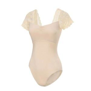 Lanbodance 여성용 반소매 레오타드, 발레 성인 댄스 댄스, 베이지/레이스 코스튬, 발레리나