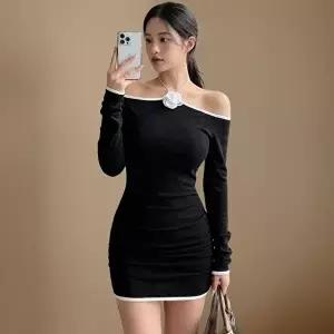 [신상오픈런]|KCO590C|여성 오프숄더 셔링 미니원피스 긴팔 바디콘 드레스