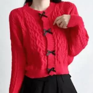 여성 여자 겨울 꽈배기니트 리본 긴팔 니트 가디건 아우터