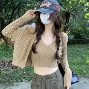 여성 여자 겨울 꽈배기니트 크롭티 니트 가디건 세트 아우터