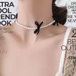 [에이치플러스몰]여성 벨벳 리본 진주스트랩 목걸이 패션 진주초커