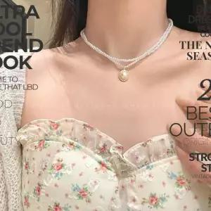 [에이치플러스몰]여성 2중 진주 드롭 팬턴트 패션 초커 진주목걸이