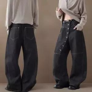 여성 루즈핏 버튼 플라이 청바지 와이드 팬츠