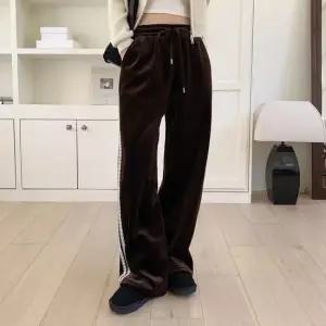 여성 기모 벨벳 레이스 측면 와이드 바지