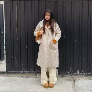 [다잇템] 여성 퍼 패턴 빅사이즈 롱 후디 아가일 코트