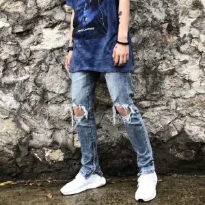 남자 빈티지 스키니 팬츠 찢어진 청바지 데님 여름 진