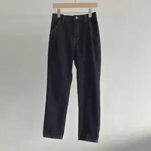 여성 배기진 진한색 기모 데님 슬림핏 스티치 면바지