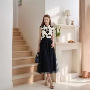 아엘리에 미디 샤스커트 사계절원피스 쉬폰 레이스 망사 플레어 밴딩 셀프웨 플레어스커트 롱원피스 레이어