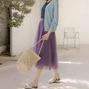 아엘리에 라일락퍼플 롱스커트 쉬폰 레이스 망사 플레어 밴딩 사계절원피스 원피스 밴스커트 셀프웨 레이어