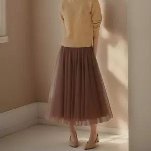 아엘리에 초코브라운 롱스커트 쉬폰 레이스 망사 플레어 밴딩 사계절원피스 원피스 밴스커트 셀프웨 레이어