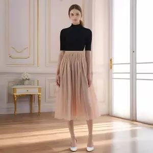 아엘리에 블러쉬핑크 롱스커트 쉬폰 레이스 망사 플레어 밴딩 사계절원피스 원피스 밴스커트 셀프웨 레이어